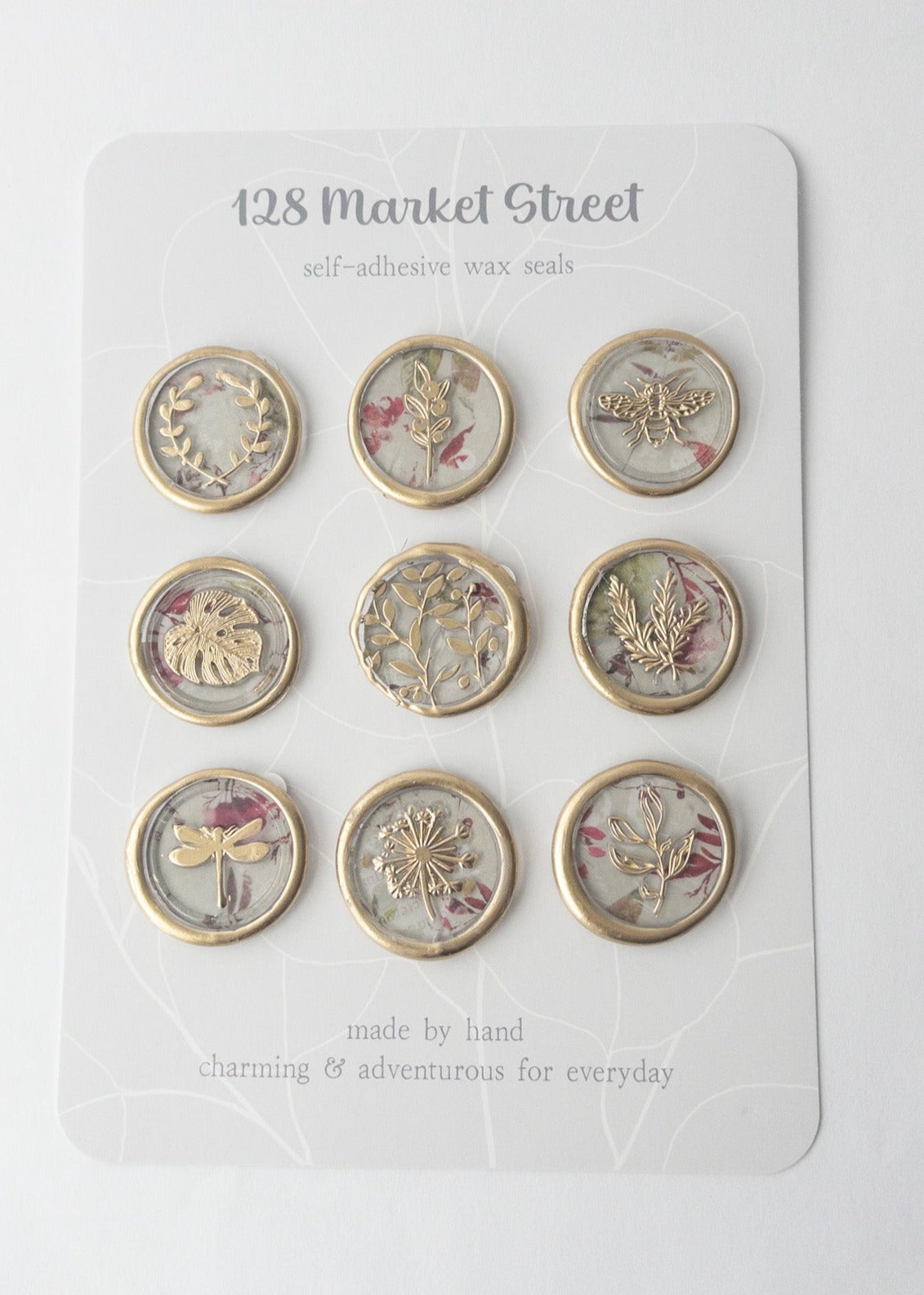 Wax Seals, Set of Nine, Garden No. 1, gilded with pink and green florals