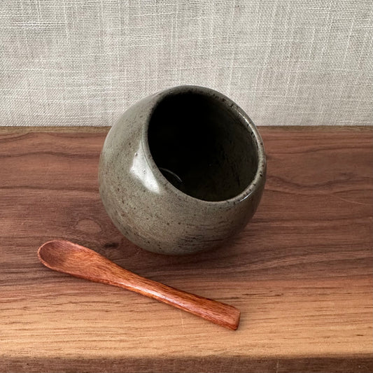 Ceramic bowl and wooden spoon on a wooden surface with a textured gray background