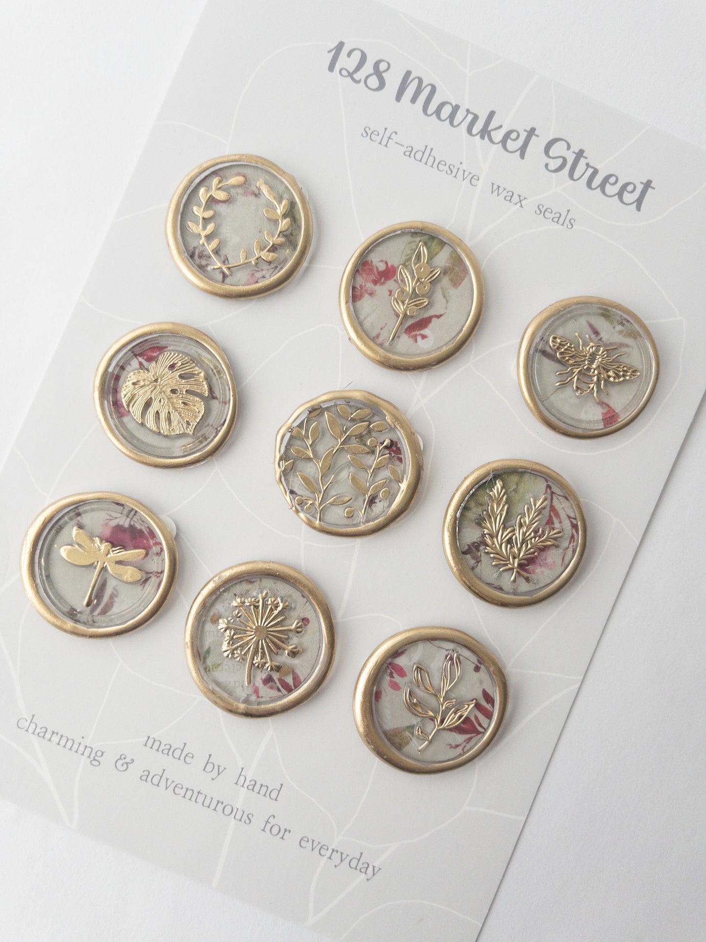 Wax Seals, Set of Nine, Garden No. 1, gilded with pink and green florals