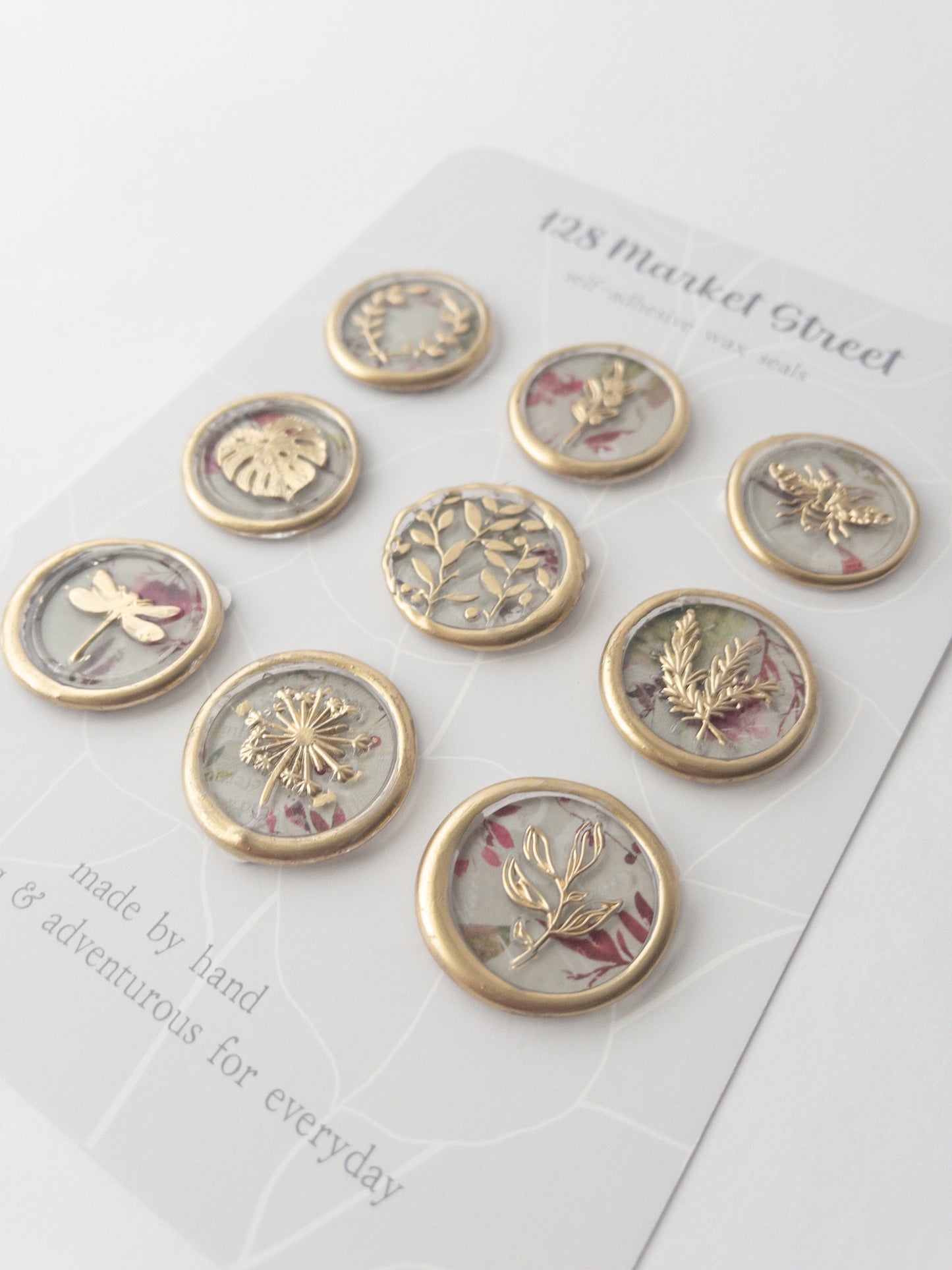 Wax Seals, Set of Nine, Garden No. 1, gilded with pink and green florals